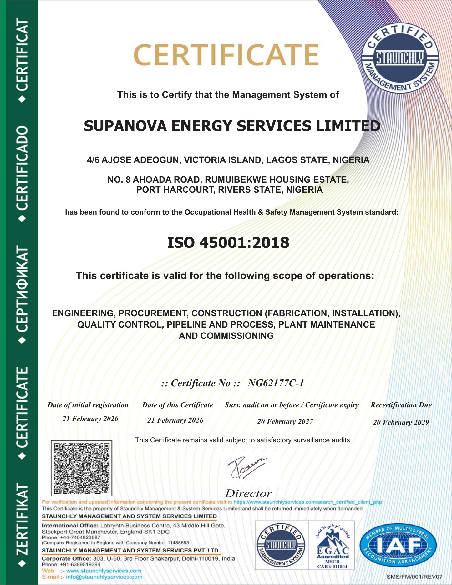 Supanova Energy ISO 45001:2018 occupational health and safety management system certificate