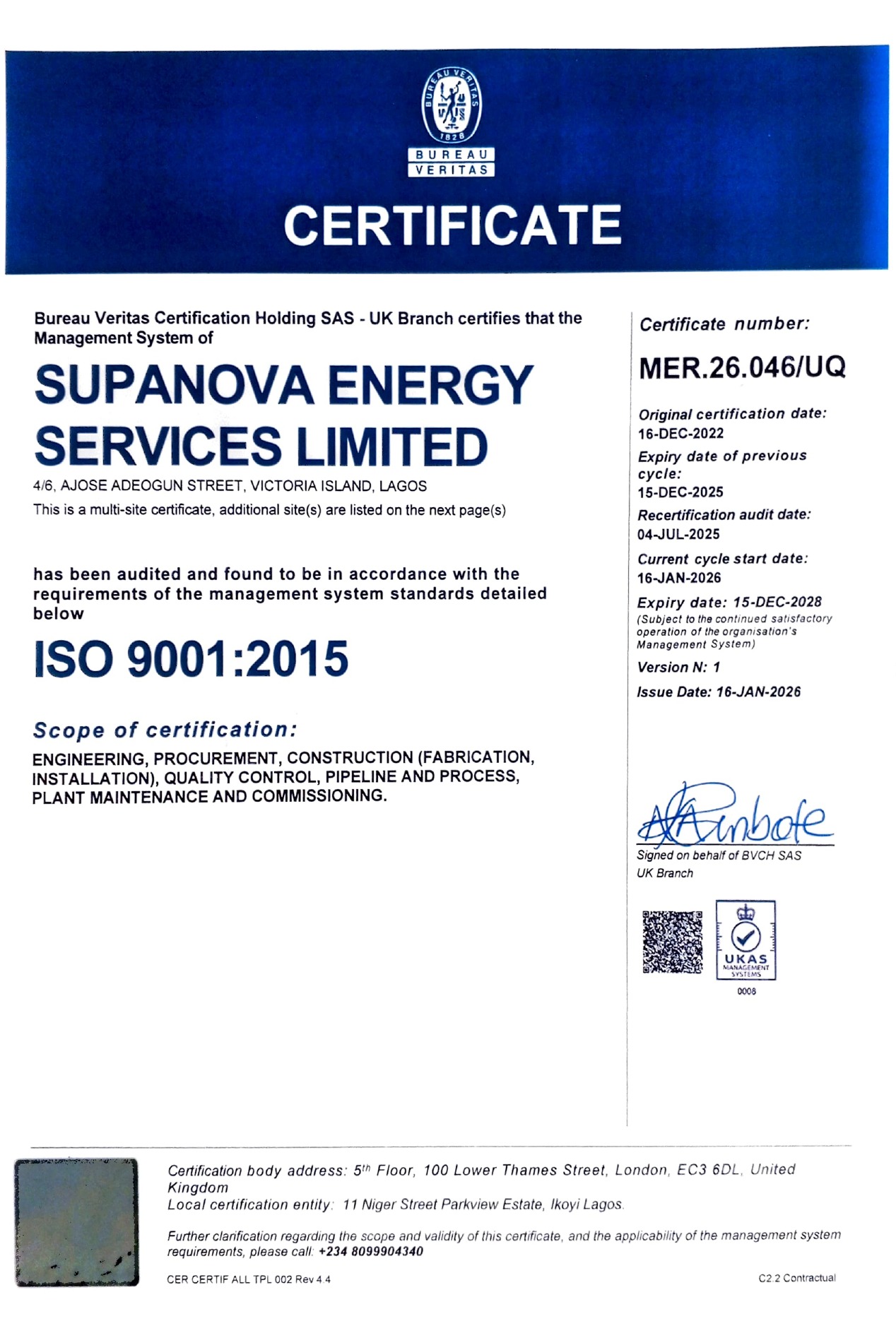 Supanova Energy ISO 9001:2015 main multi-site certificate issued by Bureau Veritas
